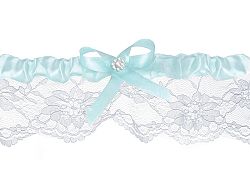 PartyDeco Esküvői harisnyakötő - csipkés, fehér, világoskék szalaggal