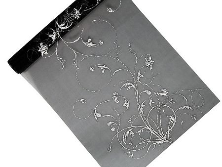 PartyDeco Organza - fekete, ezüsttel nyomott 36 cm x 9 m